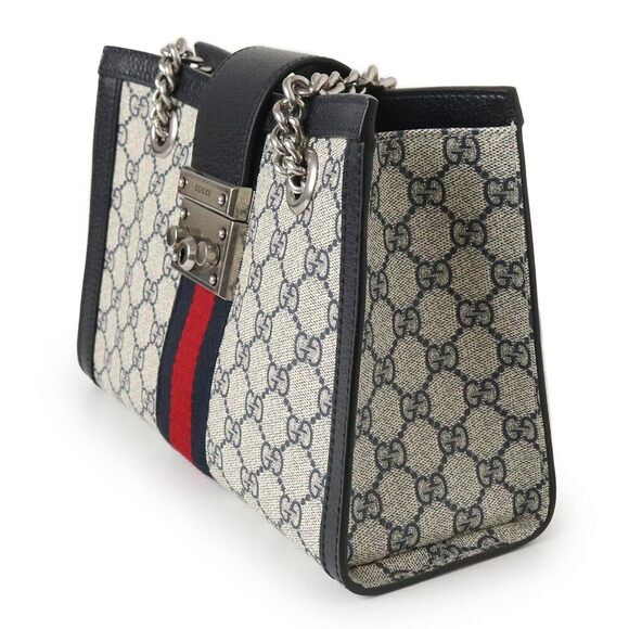 Gucci Padlock Web Stripe Chain Tote Bag GG Supreme Navy Blue - Picture 5 of 9
